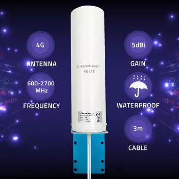 Zewnętrzna dookólna antena 4G LTE QOLTEC 57044, 5 dBi, 600–2700 MHz, 50 W, 50 Ω, obudowa z miedzi w kolorze białym