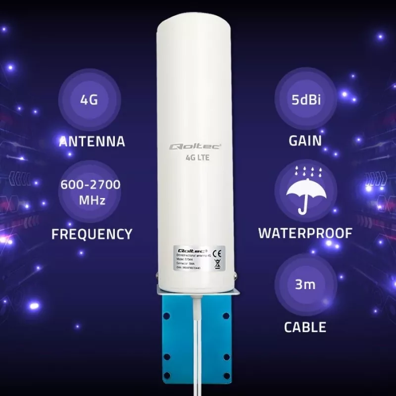 Zewnętrzna dookólna antena 4G LTE QOLTEC 57044, 5 dBi, 600–2700 MHz, 50 W, 50 Ω, obudowa z miedzi w kolorze białym