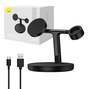 Baseus Swan 3-w-1 bezprzewodowa magnetyczna podstawka ładująca 20 W czarna wersja uniwersalna (zawiera: USB For type-C 3A 1 m)