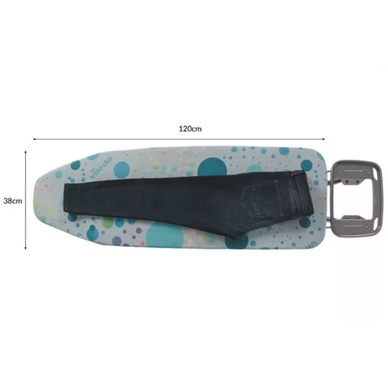 Deska do prasowania pełnowymiarowa Vileda — pełnowymiarowa nogi ze stali nierdzewnej powierzchnia 1200×380 mm wysokość 75–96 cm składana uchwyt na żelazko