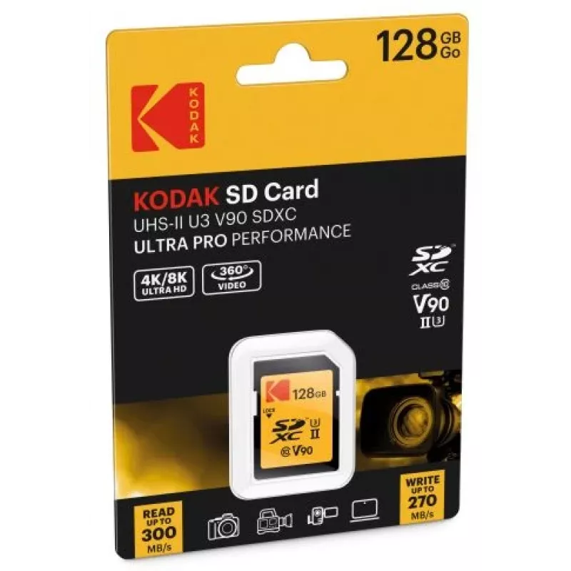 Karta pamięci Kodak EKMSD128GUHS2V2K SDXC UHS-II 128 GB, odczyt 300 MB/s, zapis 270 MB/s, U3 V90, Klasa 10