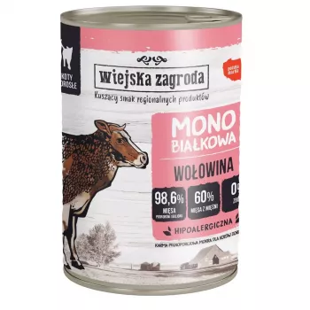 Mokra karma dla kota wiejskazagroda Monoprotein Wołowina 400 g — pełnoporcjowa dieta w puszce dla dorosłych kotów, białko 12,1%, tłuszcz 7,1%, wilgotność 76,9%