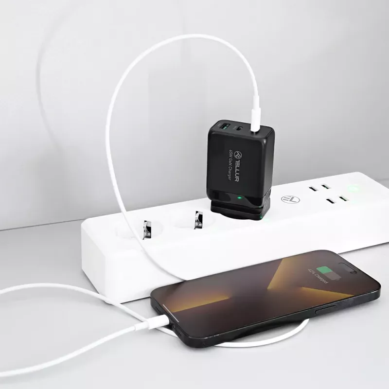 Ładowarka sieciowa Tellur TLL151451 65W, 3-portowa (2x USB-C, 1x USB-A)