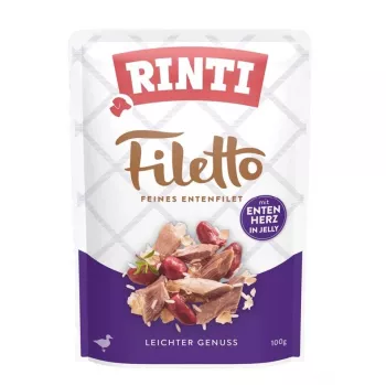 Mokra karma dla psów RINTI Filetto Filet z kurczaka z kaczymi sercami, 100 g saszetka, karma pełnoporcjowa, 14% białka, 1% tłuszczu, 82% wilgotności
