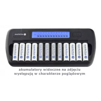 Ładowarka akumulatorów everActive NC-1200 — uniwersalna ładowarka na 12 akumulatorów AA/AAA, wejście 12 V, czarna