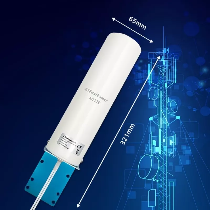 Zewnętrzna dookólna antena 4G LTE QOLTEC 57044, 5 dBi, 600–2700 MHz, 50 W, 50 Ω, obudowa z miedzi w kolorze białym