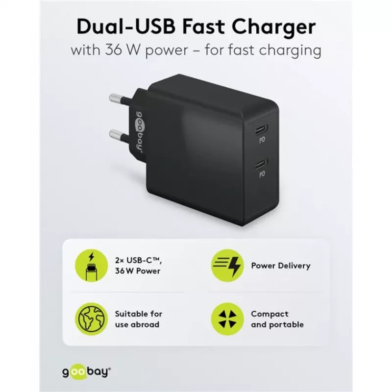 Ładowarka sieciowa Goobay 61757 Szybkie ładowanie USB Type-C 2 porty Czarna