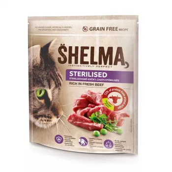 Sucha karma dla kota SHELMA Sterilised Rich in beef 750 g — dorosłe koty sterylizowane, 38% białka, 13% tłuszczu