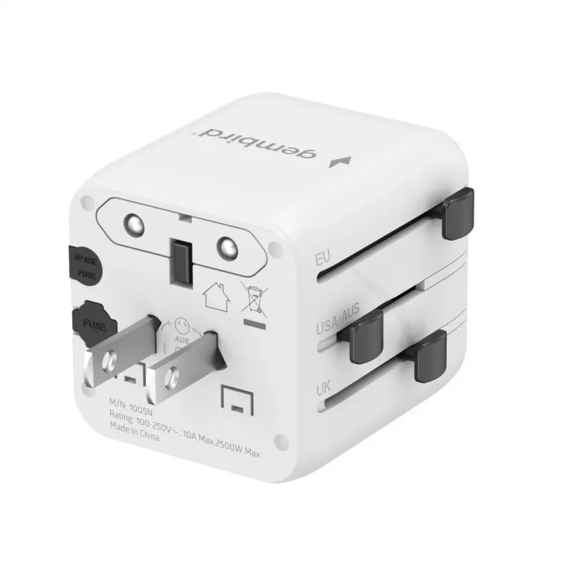 Uniwersalny podróżny adapter zasilania GEMBIRD TPA-INT-01-W — wejście 100–250 V, wtyk typu G, kompaktowe wymiary 84×56×85 mm