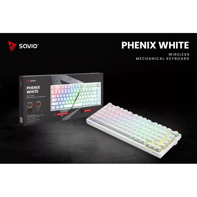 SAVIO PHENIX WHITE Bezprzewodowa Klawiatura Mechaniczna, Gateron Red Pro, ABS