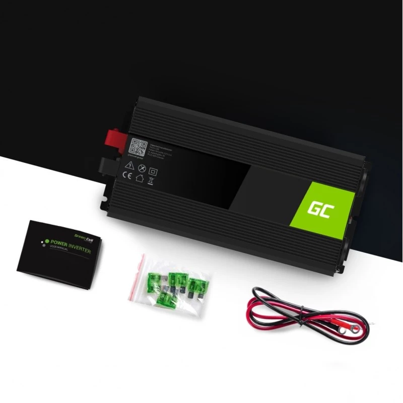 Przetwornica napięcia zielony Cell INV15 3000W DC 12V na AC 230V, port USB, aktywne chłodzenie, czarny
