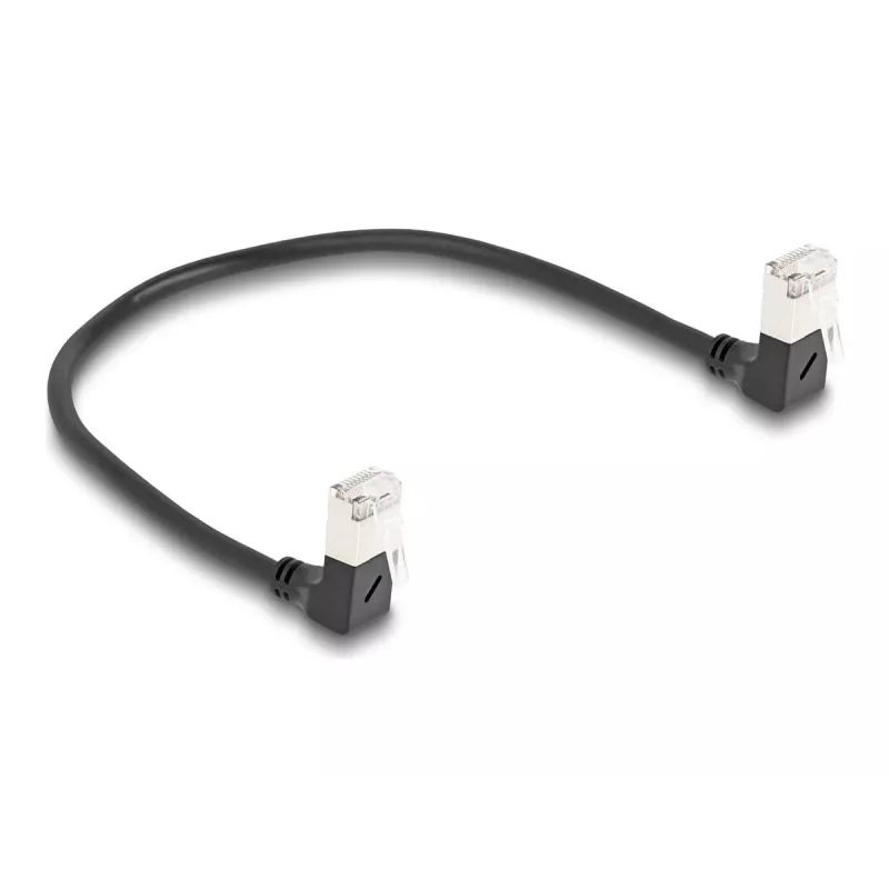 DeLOCK Kabel sieciowy RJ45 kat.6A S/FTP cienki 90° w dół 0,25 m czarny