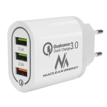 Ładowarka sieciowa MACLEAN MCE479W — szybka ładowarka USB z 3 portami, łączna moc wyjściowa 18 W