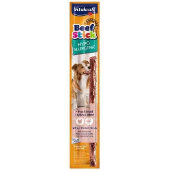 Przysmak dla psa Vitakraft Beef Stick Hypoallergenic — indyk ze strusiem, 12 g, pojedyncza saszetka, psy dorosłe, bezglutenowy i bez soi