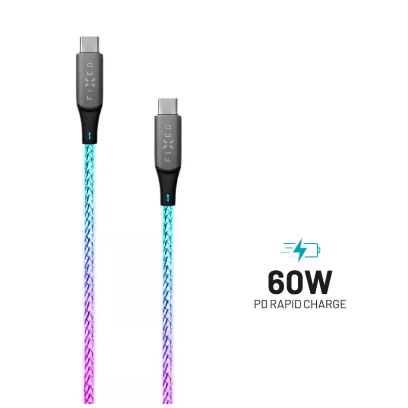 Kabel ładujący USB-C do USB-C FIXED FIXDLED-CC-RA ze wsparciem PD i stałą długością, zintegrowana dioda LED tęczowa