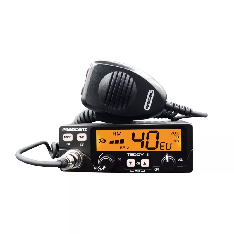 CB radio President Teddy II+ — 40 kanałów, 4W TX, 12/24V, bloker szumów, 125×125×45 mm