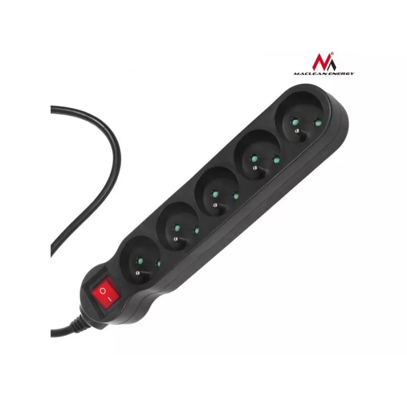 Przedłużacz sieciowy MACLEAN MCE185 — kabel 5 m, 5 gniazd AC typu F, do użytku wewnętrznego, czarny