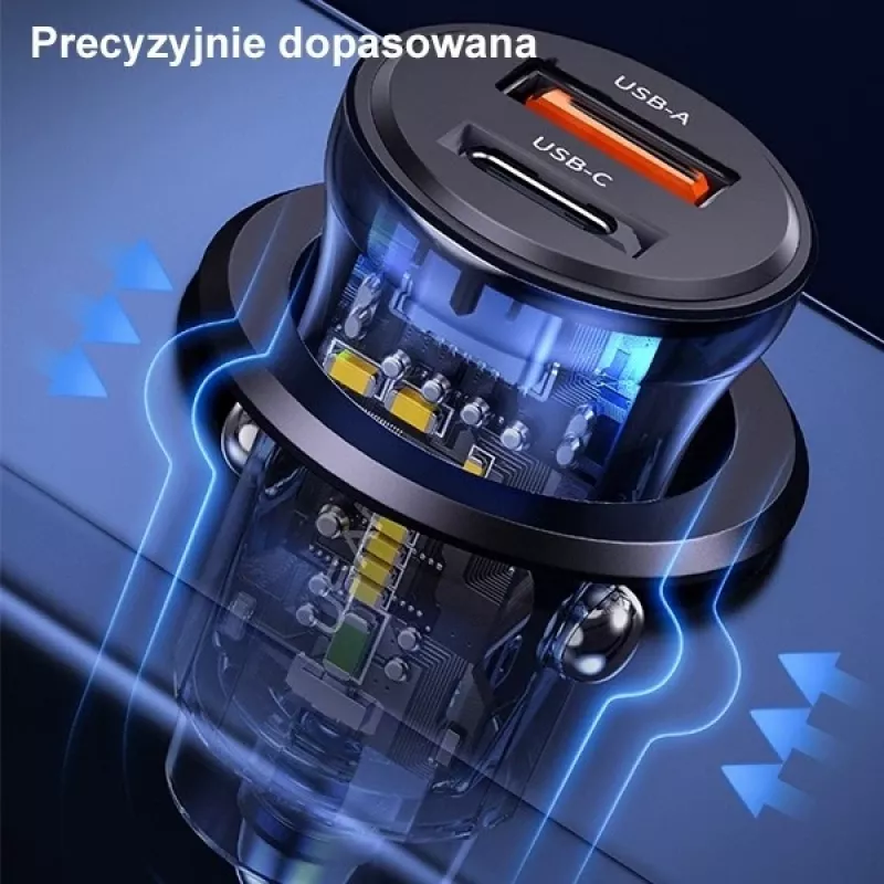 Ładowarka samochodowa usams CC164CC01 30W z 1×USB-A i 1×USB-C do szybkiego ładowania