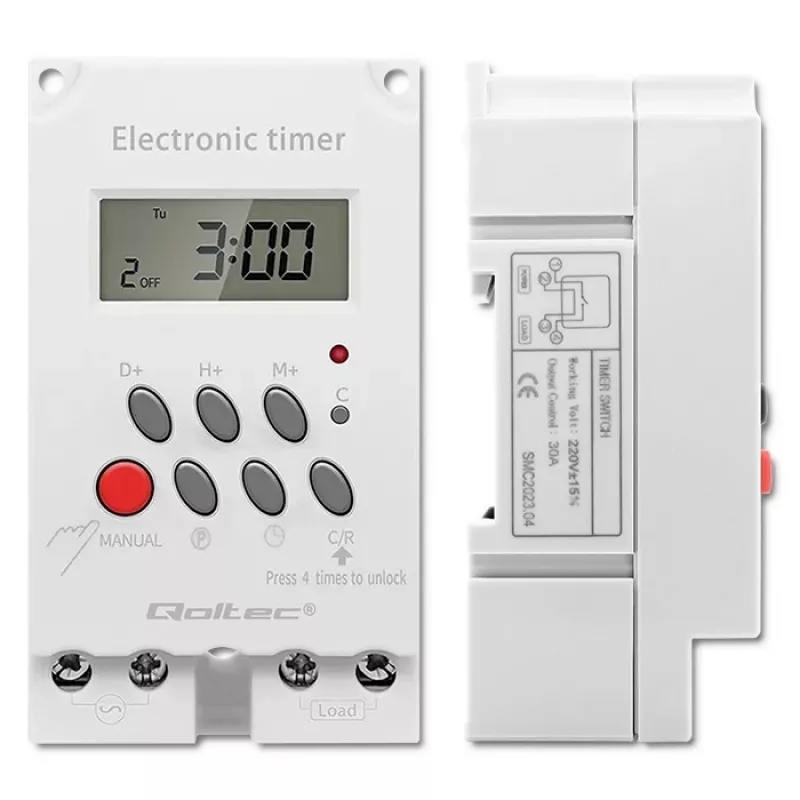 Elektroniczny przekaźnik czasowy na szynę DIN QOLTEC PC0629 — zasilanie 24V, wyjście 16A