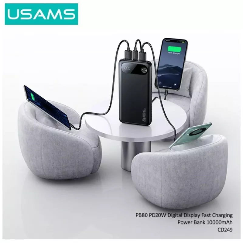 Power bank usams PB80 PD20W 10000mAh — przenośna ładowarka, czarna