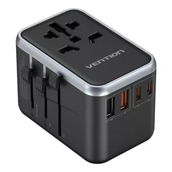 Adapter podróżny Vention FJFB0 65W — 2× USB-C PD/PPS, 2× USB-A (QC/BC), wyjście HDMI, aluminium/czarny
