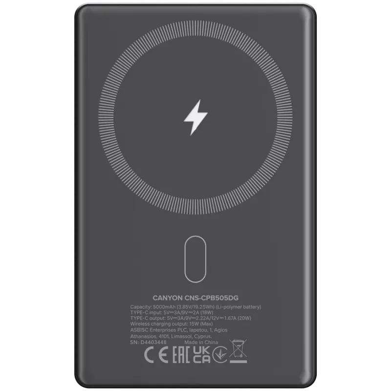 Canyon OnPower 505 - Powerbank - 5.000 mAh - wejście USB-C - wyjście USB-C PD 20W + ładowanie bezprzewodowe MagSafe 1
