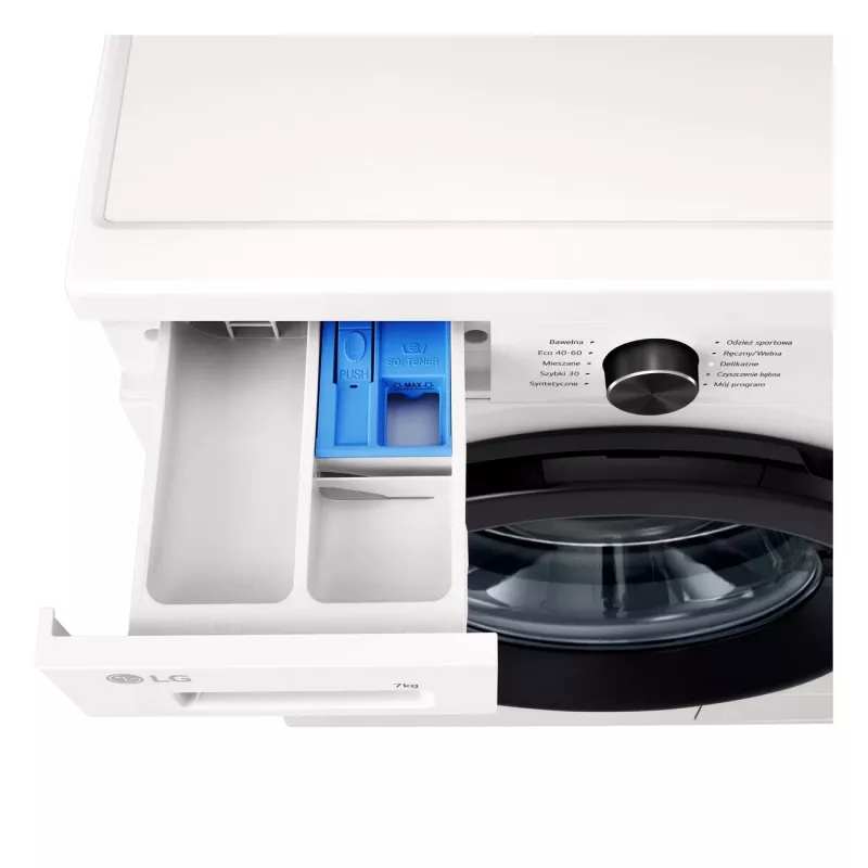 Pralka LG F2X10S7NWK — ładowana od przodu, szerokość 600 mm, głębokość 540 mm, wysokość 890 mm, masa netto 59 kg