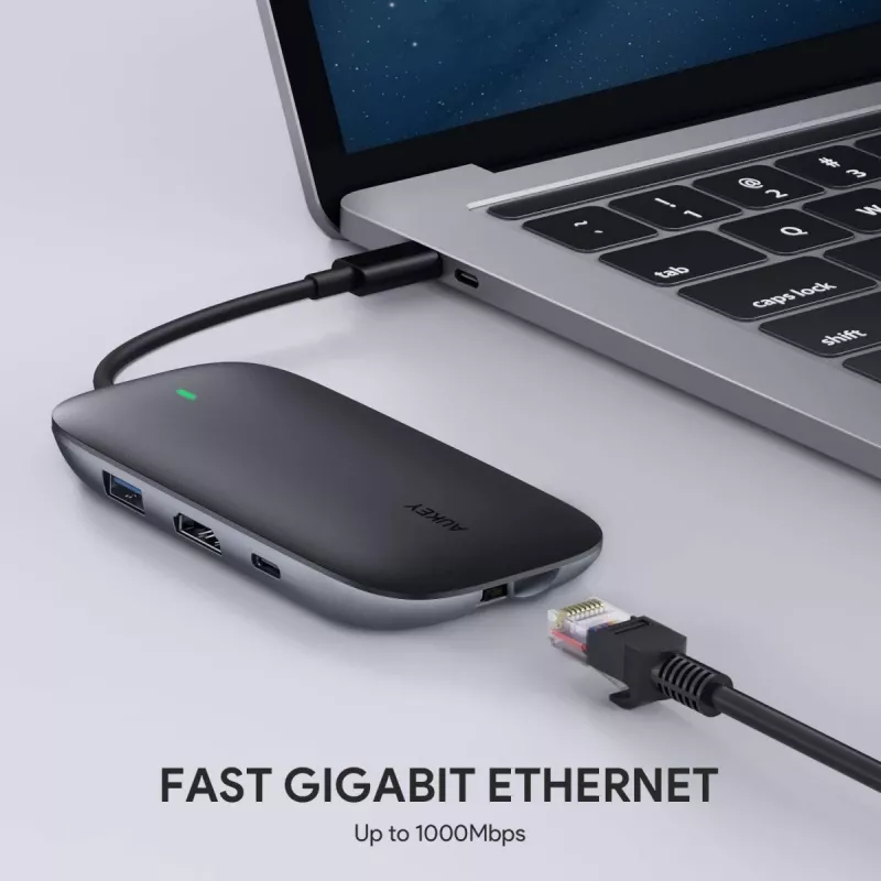 Stacja dokująca do laptopa AUKEY CB-C71 — 3x USB‑C (USB 3.2 Gen1), HDMI, RJ‑45, MicroSD, USB PD 100 W, kabel 0,15 m, czarna