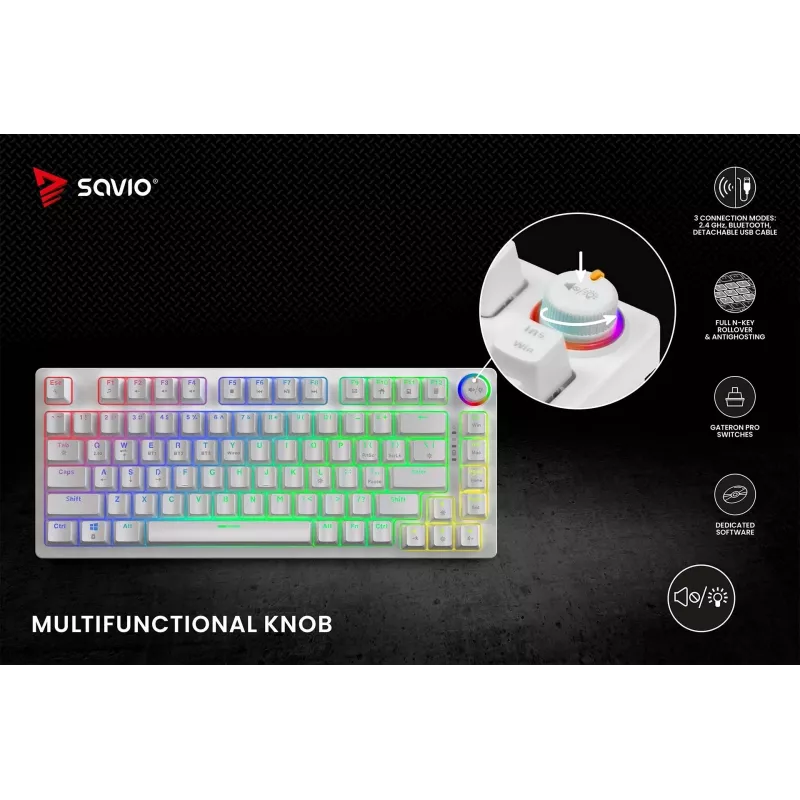 SAVIO PHENIX WHITE Bezprzewodowa Klawiatura Mechaniczna, Gateron Red Pro, ABS