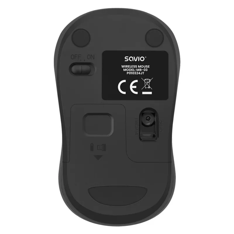 Mysz bezprzewodowa SAVIO MB-03, interfejs Bluetooth, 1000 DPI, bateria AA, 99×60×39 mm, 51 g, odbiornik w zestawie