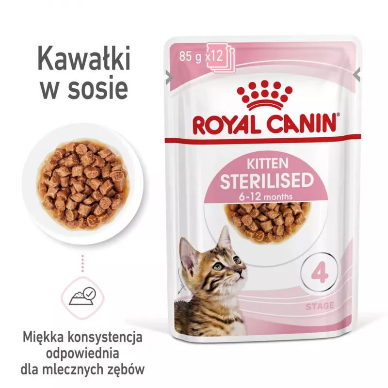 Mokra karma dla kota Royal Canin Sterilised Gravy, 12 x 85 g saszetek — kurczak, dla kastrowanych/wysterylizowanych kociąt, 11% białka, 80,5% wilgotności
