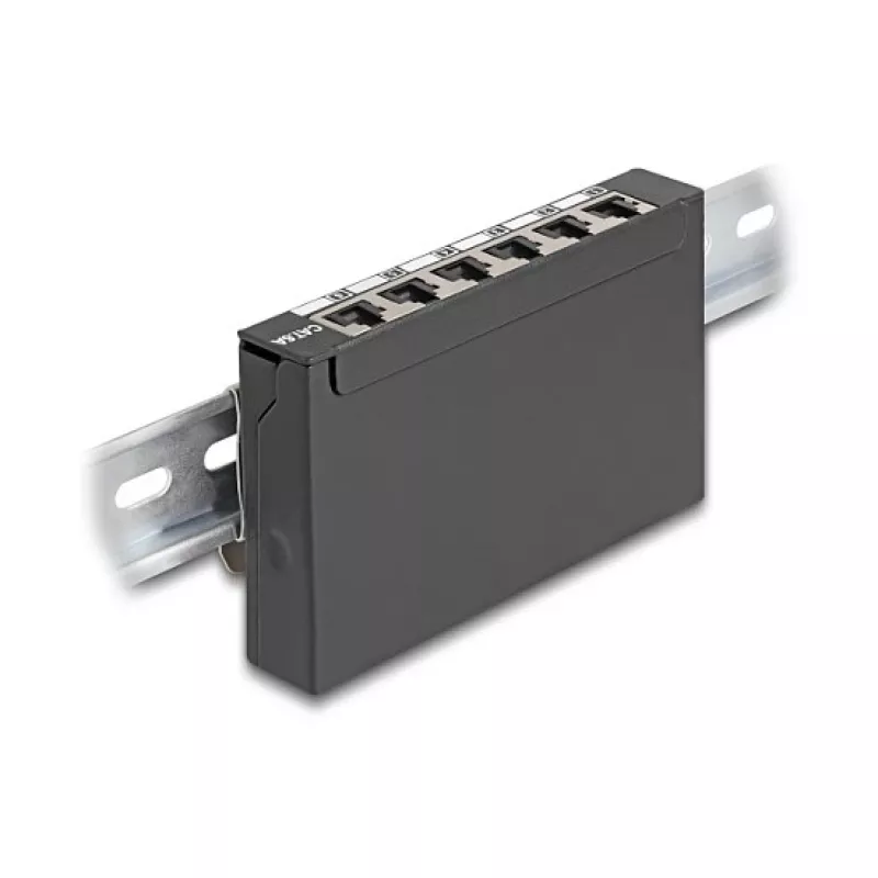 Patch panel DELOCK Mini Desktop RJ45 6-port Cat.6A ekranowany, metalowy, czarny, 80×22×125 mm