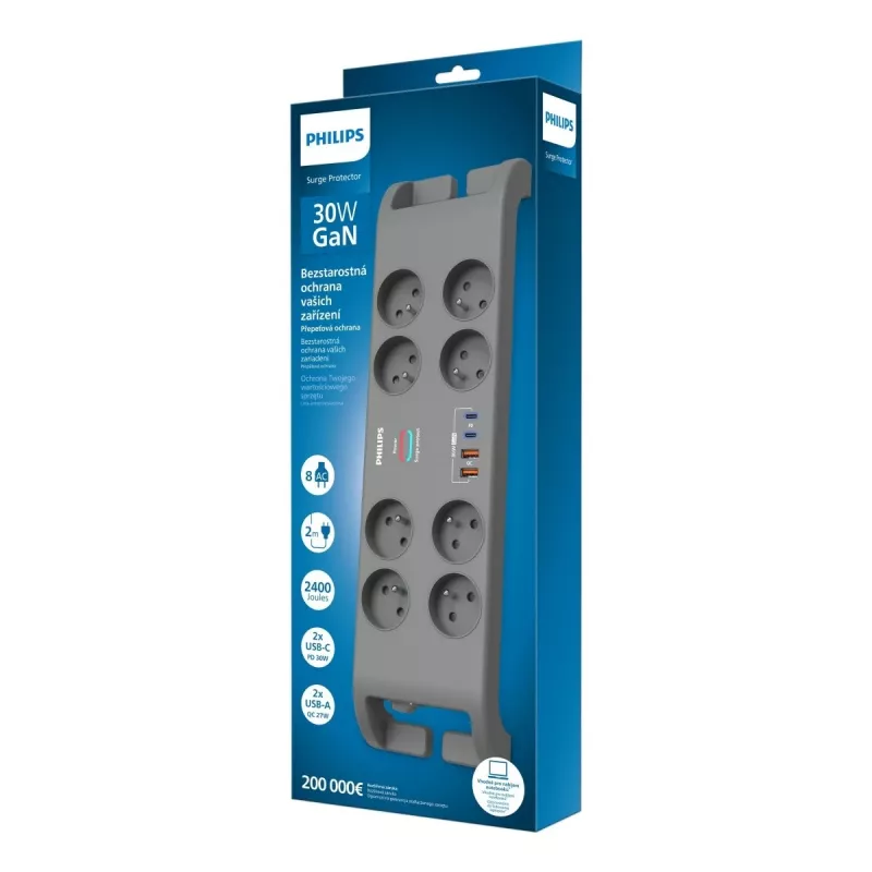 Listwa zasilająca z ochroną przeciwprzepięciową Philips z 8 gniazdami i 4 portami USB