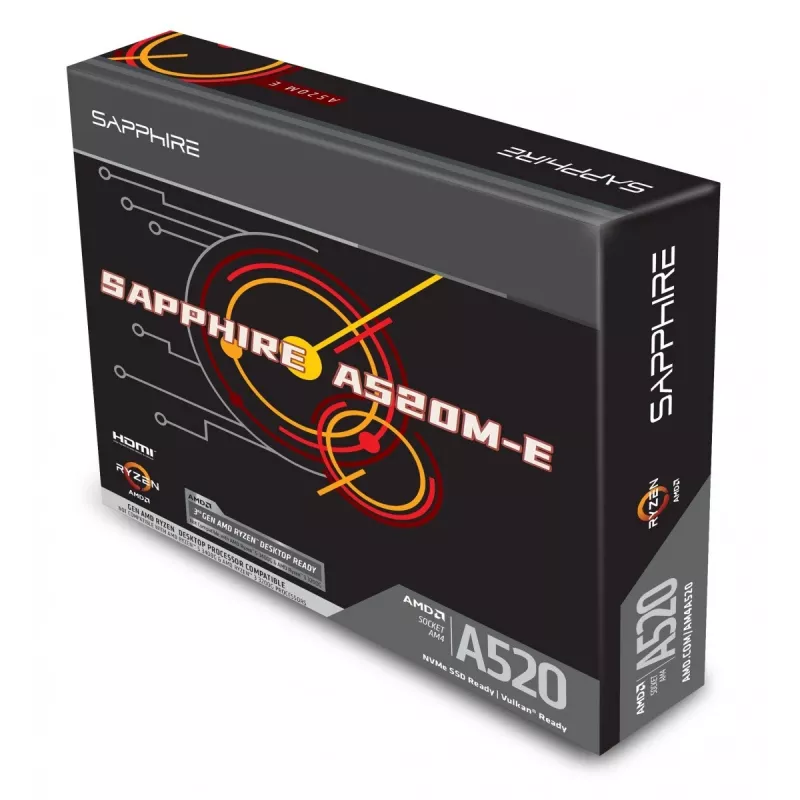 Płyta główna Micro ATX Sapphire A520M-E do Socket AM4, chipset AMD A520, 2x DDR4 DIMM, max 64 GB, PCIe 3.0 x16/x1, SATA III, Gigabit LAN