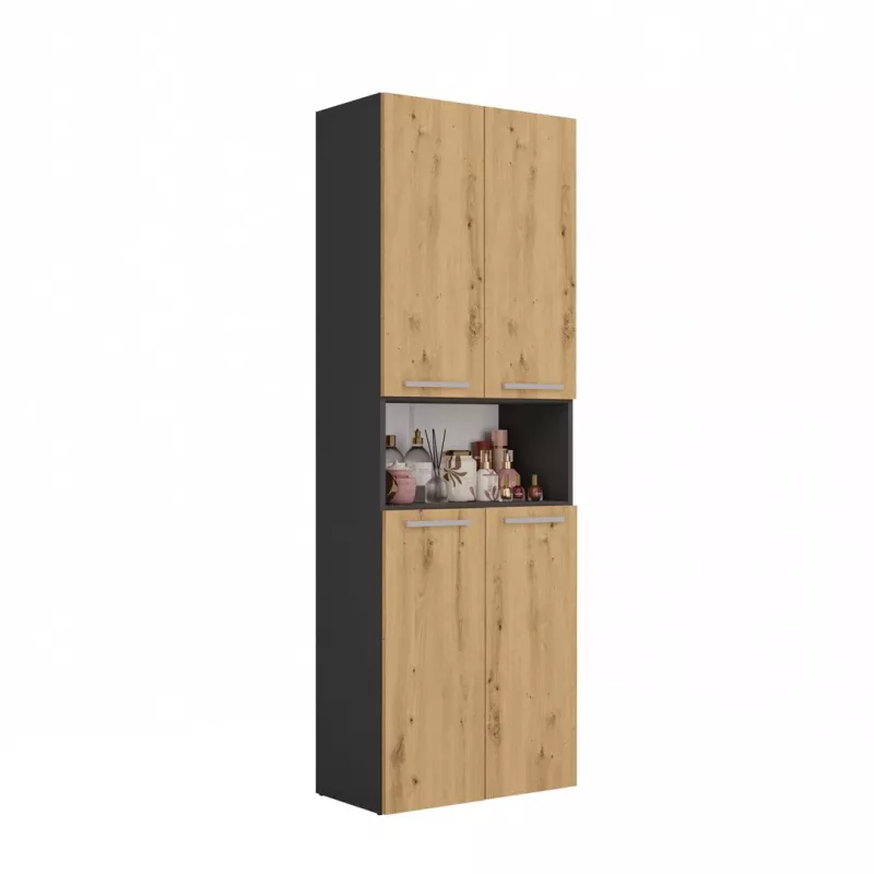 Szafka łazienkowa Top e Shop NEL 1K DK ANT/ART KP — Grafit/Dąb, wolnostojąca, 5 półek, 600×300×1740 mm