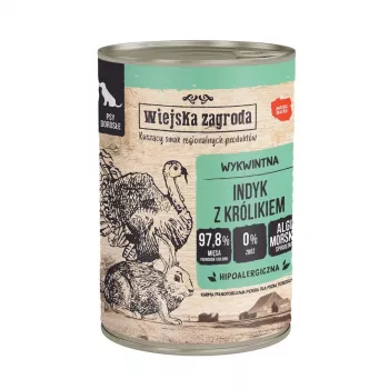 Mokra karma dla psów wiejskazagroda Indyk z królikiem 400 g — pełnoporcjowa dieta w puszce, indyk i królik, psy dorosłe, wrażliwe alergicznie