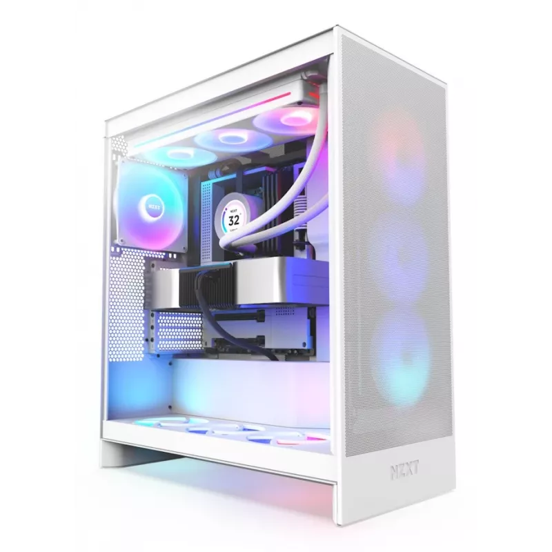 Obudowa PC NZXT H7 Flow RGB Midi Tower Biała — Szkło hartowane, EATX, Przód 3×120mm, USB-C