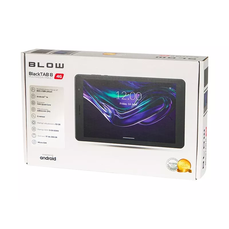 Tablet BLOW CzarnyTAB8 8 cali 4G LTE, 3 GB RAM, 32 GB eMCP, Android 14, IPS 1200×1920, MicroSD