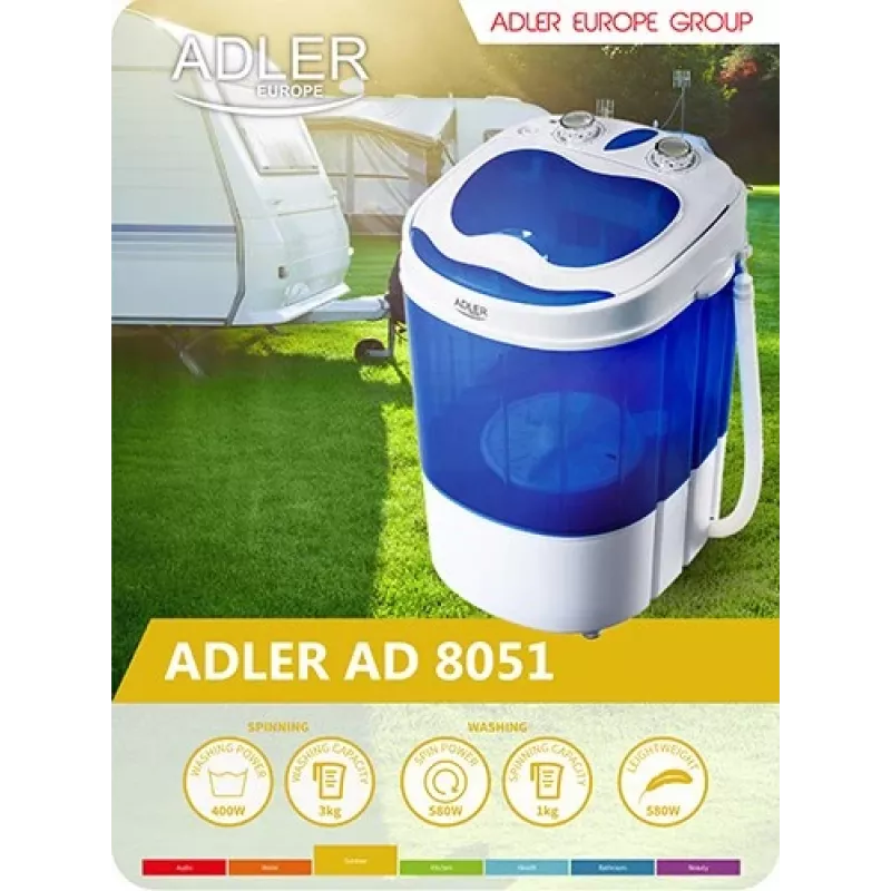 Adler | AD 8051 | Pralka | Klasa efektywności energetycznej | Ładowanie od góry | Pojemność prania 3 kg | Nieokreślona prędkość obrotowa | Głębokość 37 cm | Szerokość 38 cm | Biały/Niebieski