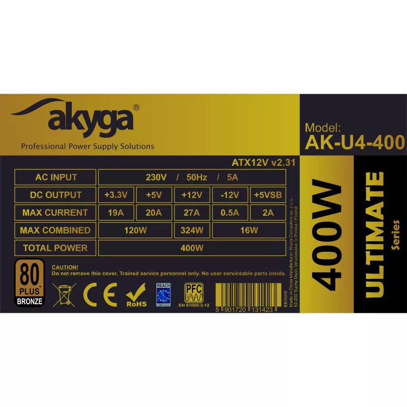 Akyga AK-U4-400 Ultimate 400 W zasilacz ATX, 80 PLUS Bronze, aktywny PFC, wentylator 120 mm