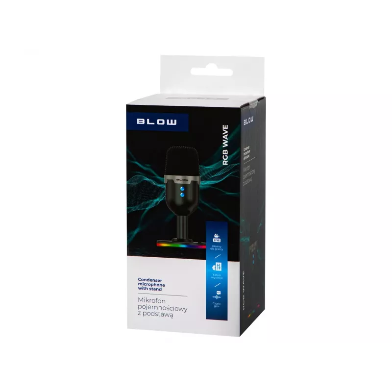 Mikrofon studyjny BLOW ze statywem LED — przewodowy USB 2.0, 20–16000 Hz, czułość -50 dB, 237 g