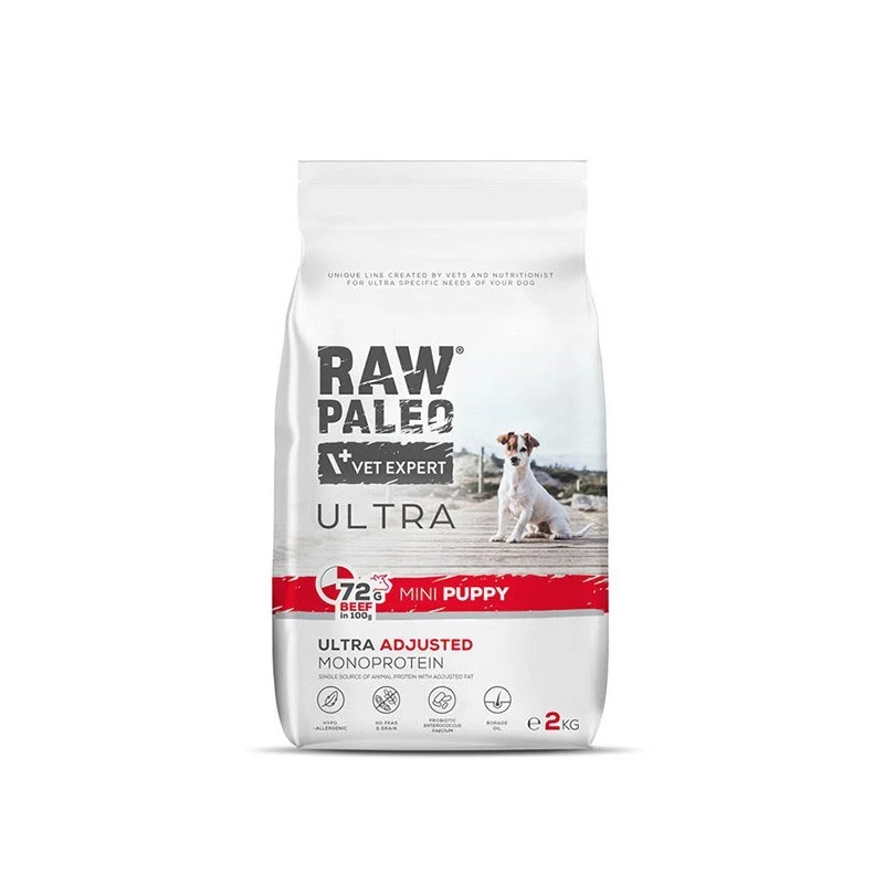 Sucha karma dla psa VETEXPERT RAW PALEO Ultra Mini Puppy Beef 2 kg — suchy granulat dla szczeniąt małych ras, 30,5% białka, 16,5% tłuszczu
