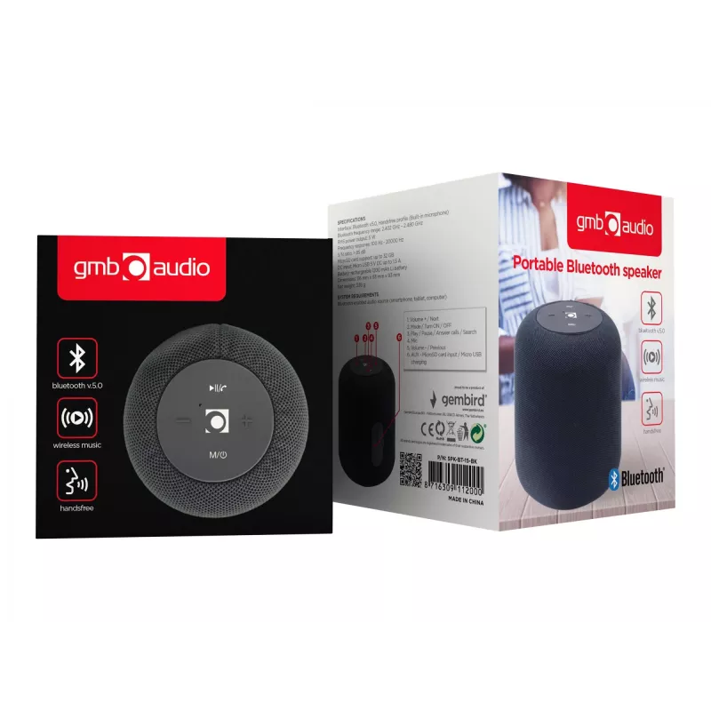 Mono portable speaker Gembird SPK-BT-15-BK — 5 W RMS, Bluetooth, MicroSD, 1200 mAh, czarny