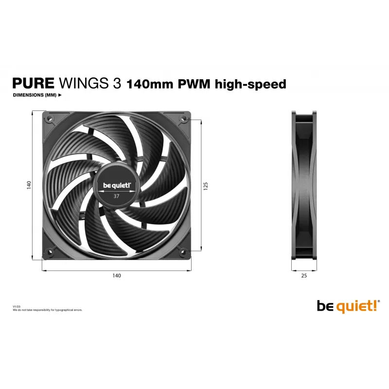 be quiet Pure Wings 3 140mm PWM wysokiej prędkości wentylator do obudowy komputera 14 cm Czarny 1 szt.