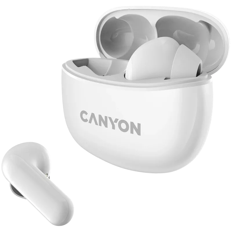 Słuchawki Bluetooth Canyon TWS-5, z mikrofonem, BT V5.3 JL 6983D4, pasmo przenoszenia: 20Hz-20kHz, bateria słuchawek 40mAh*2 + etui ładujące 500mAh, USB-C