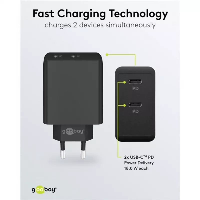 Ładowarka sieciowa Goobay 61757 Szybkie ładowanie USB Type-C 2 porty Czarna