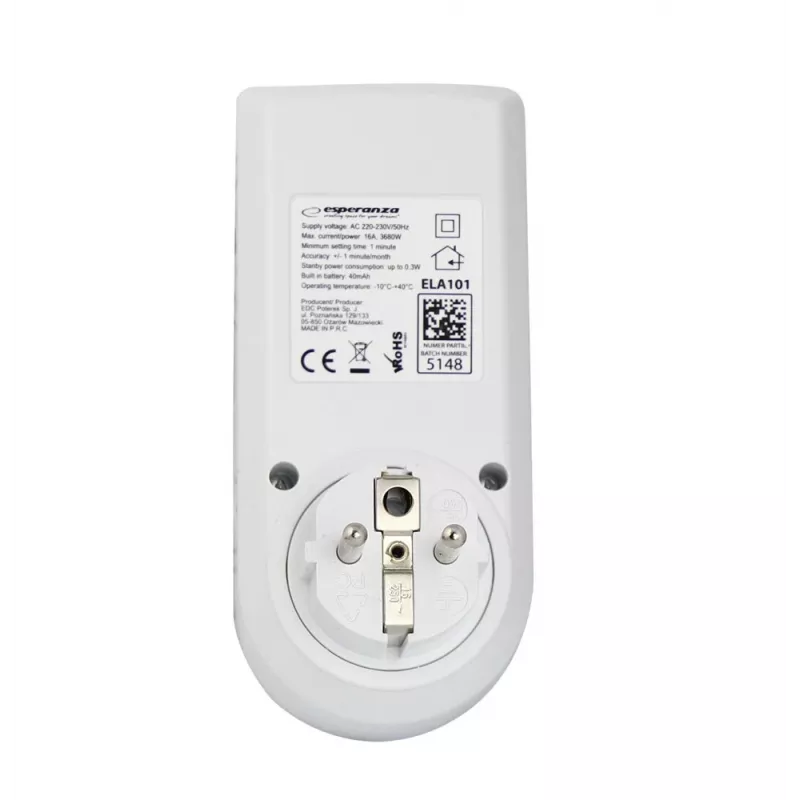 Cyfrowy timer odliczający ESPERANZA ELA101 — 99-minutowy timer, wyświetlacz LCD, 230 V AC, 16 A