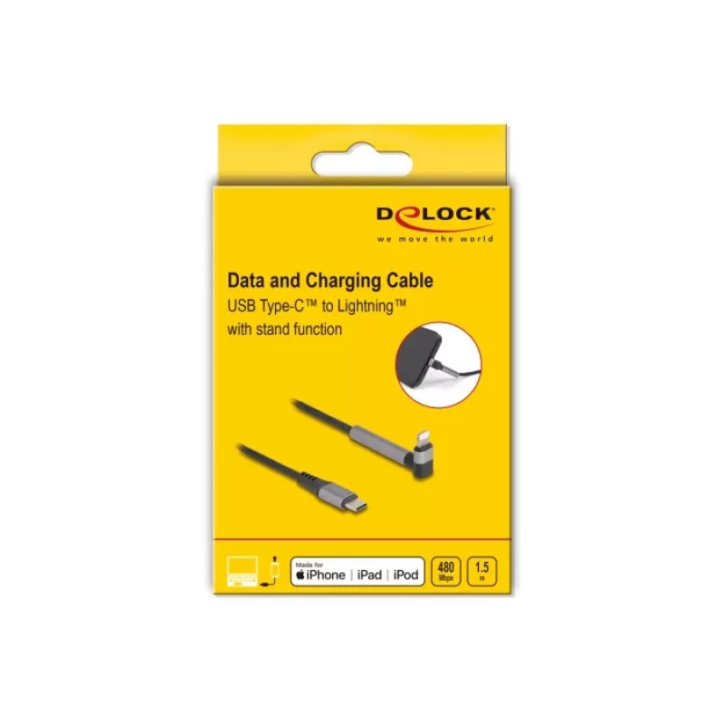 Kabel do ładowania i transmisji danych USB Type-C na Lightning z kątową wtyczką i funkcją podstawki, DELOCK 1,5 m, 9 V 3 A (MFi)