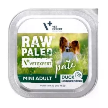 Mokra karma dla psa VETEXPERT RAW PALEO Pâte Mini Adult Duck 150 g — pełnoporcjowa mokra karma dla małych dorosłych psów, wilgotność 82,5%, białko 8%