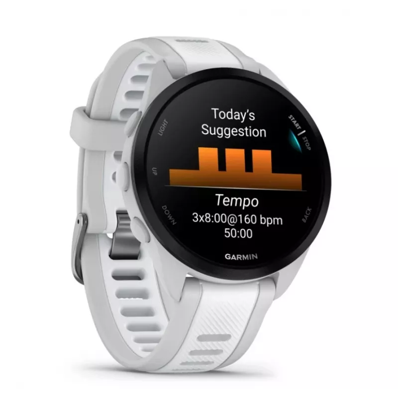 Smartwatch GARMIN Forerunner 165 — GPS, AMOLED 1,2 cala, 4 GB, 5 ATM, 11 dni pracy na baterii, szara koperta, biały pasek